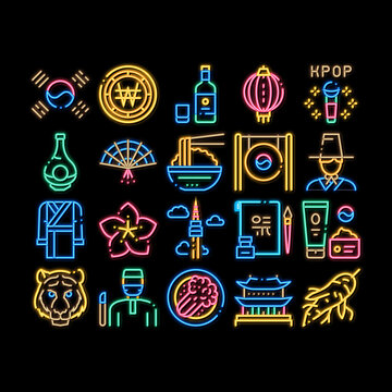 Korea Traditional neon light sign vector. Glowing bright icon Korea Flag And Wearing, Food And Drink, Palace Building And Gong, Fan And Lantern Illustrations