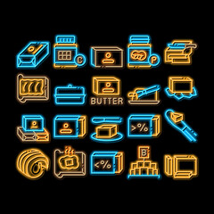 Butter Or Margarine neon light sign vector. Glowing bright icon Butter On Piece Of Bread And Knife, Sliced And Cut, In Package And Bottle, Fat And Vitamin Illustrations