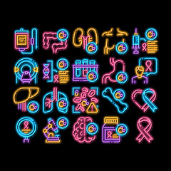 Cancer Human Disease neon light sign vector. Glowing bright icon Stomach And Intestines, Brain And Kidneys, Liver And Lungs Cancer, Research And Treatment Illustrations