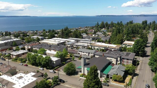 Cinematic 4K drone reveal footage of Edmonds residential area, waterfront, the Bowl of Edmonds near Seattle in Western Washington, Pacific Northwest, in Snohomish County