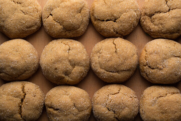 Sugared molasses cookies overhead shot.