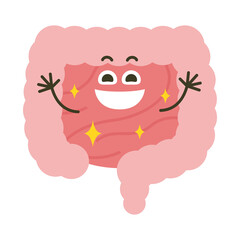 笑顔の小腸のキャラクター。腸内環境が良くて喜んでいる小腸のイラスト。