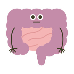 大腸のキャラクター。不健康な紫色の大腸のイラスト。
