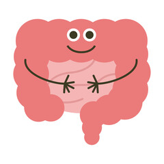 大腸のキャラクター。キレイなピンク色の大腸と小腸のイラスト。