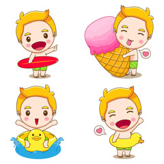 Set cartoon illustration of cute boy with summer activities