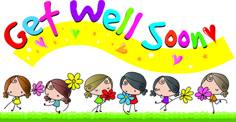 get well soon card vector cartoon girls with flowers 