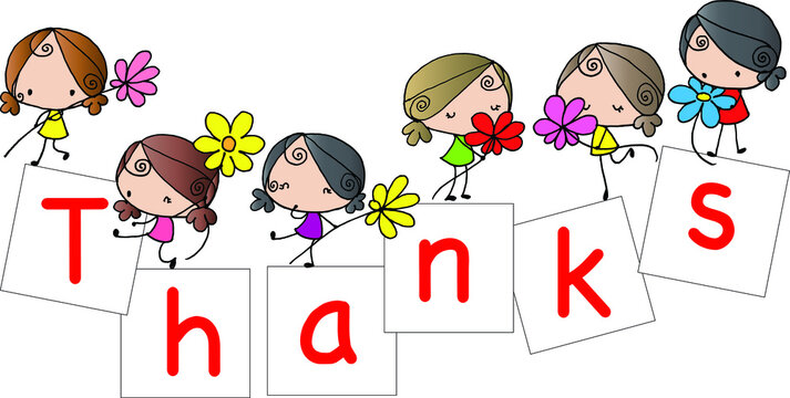 thank you card vector cartoon girls with flowers