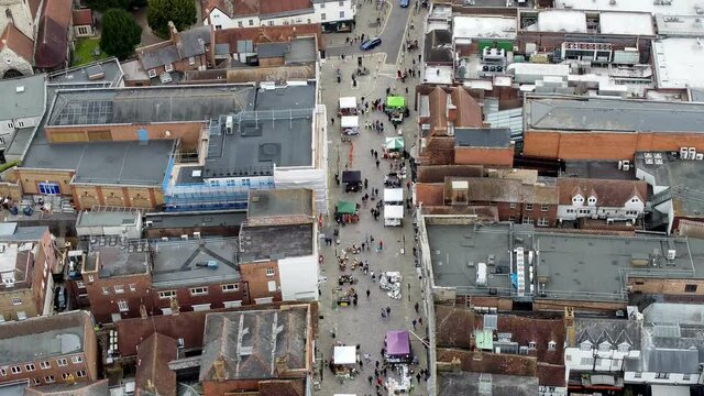Overhead footage of Guildford high street and city centre. 4k.