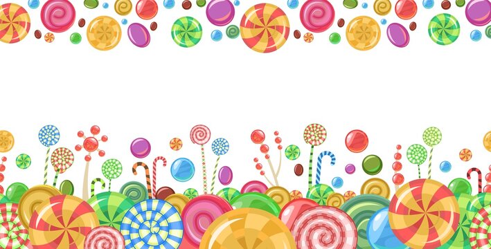 Sweets and scattered. Frame. Assorted lollipop dessert interspersed. Candy caramel with stick. Seamless border. Flat Background illustration. Vector