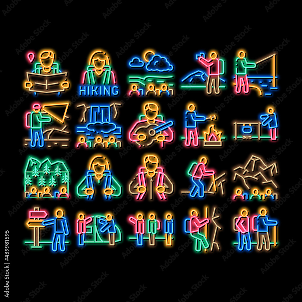 Sticker Hiking Extreme Tourism neon light sign vector. Glowing bright icon Hiking Tourist And Bard With Guitar, Fisherman And Photographer, Camp And Waterfall Illustrations