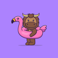 Cute bull With flamingo buoy. Animal cartoon concept isolated. Can used for t-shirt, greeting card, invitation card or mascot. Flat Cartoon Style