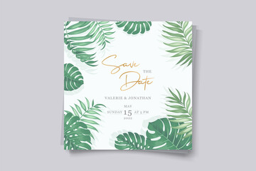 Fototapeta na wymiar Wedding invitation design with tropical leaf theme