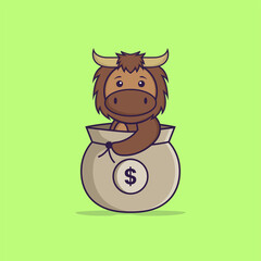 Cute bull in a money bag. Animal cartoon concept isolated. Can used for t-shirt, greeting card, invitation card or mascot. Flat Cartoon Style