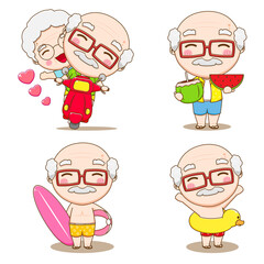cartoon illustration of cute grandpa with summer activities