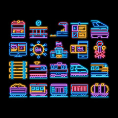 Obraz na płótnie Canvas Train Rail Transport neon light sign vector. Glowing bright icon Electrical Passenger And Freight Train, Railway Station And Platform, Carriage And Ticket Illustrations