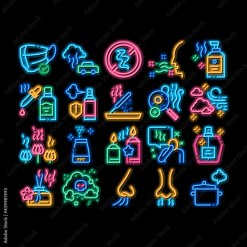 Sticker odor aroma and smell neon light sign vector. glowing bright icon nose breathing aromatic odor and cl