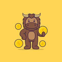 Cute bull holding coin. Animal cartoon concept isolated. Can used for t-shirt, greeting card, invitation card or mascot. Flat Cartoon Style