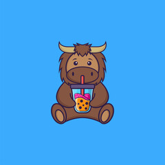 Cute bull Drinking Boba milk tea. Animal cartoon concept isolated. Can used for t-shirt, greeting card, invitation card or mascot. Flat Cartoon Style