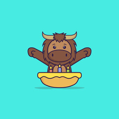Cute bull with birthday cake. Animal cartoon concept isolated. Can used for t-shirt, greeting card, invitation card or mascot. Flat Cartoon Style