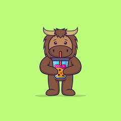 Cute bull Drinking Boba milk tea. Animal cartoon concept isolated. Can used for t-shirt, greeting card, invitation card or mascot. Flat Cartoon Style