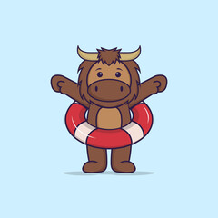 Cute bull using a float. Animal cartoon concept isolated. Can used for t-shirt, greeting card, invitation card or mascot. Flat Cartoon Style