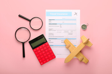 Composition with travel insurance and plane figure on color background