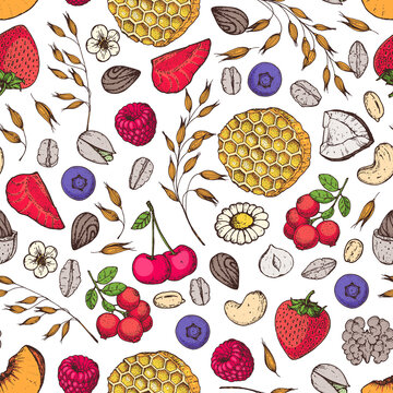 Granola , muesli seamless pattern . Oat flakes, fruits hand berries drawn. Granola Breakfast. Muesli food menu design. Hand drawn vector illustration. Granola design, porridge for breakfast
