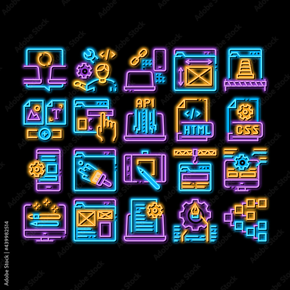 Poster front end development neon light sign vector. glowing bright icon front end it sphere, html and css 