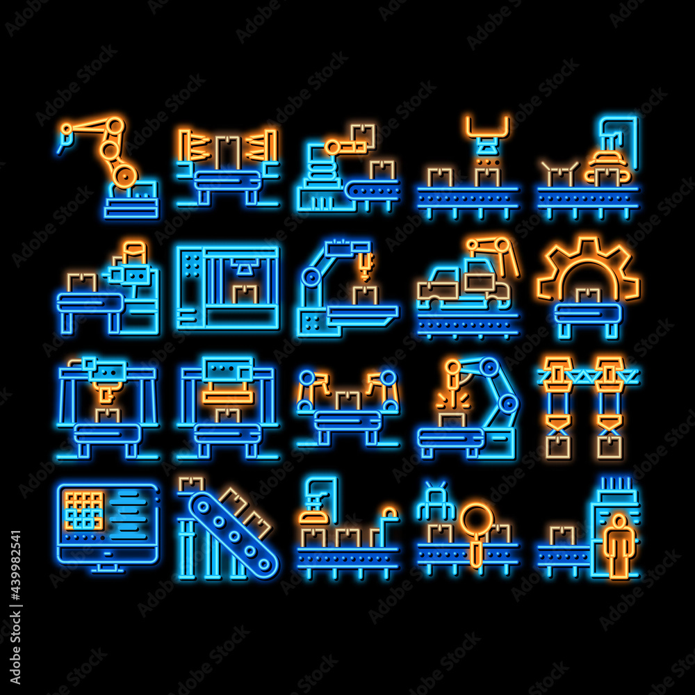 Sticker manufacturing process neon light sign vector. glowing bright icon manufacturing conveyor car and pro