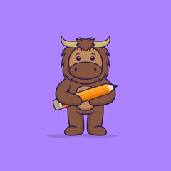 Cute bull holding a pencil. Animal cartoon concept isolated. Can used for t-shirt, greeting card, invitation card or mascot. Flat Cartoon Style