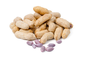 Boiled fresh organic beans or peanut with peel on white background.