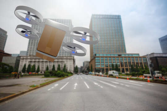 Drone flying with a delivery box package in a city,3d rendering delivery drone flying with cityscape background,Modern technological delivery innovation - drone fast delivery concept,