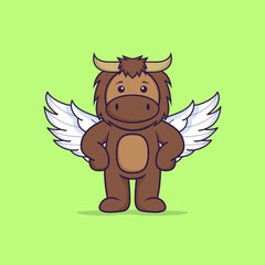 Cute bull using wings. Animal cartoon concept isolated. Can used for t-shirt, greeting card, invitation card or mascot. Flat Cartoon Style