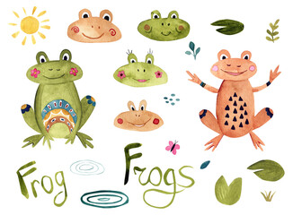 Fototapeta premium Collection of watercolor frogs illustrations Clip arts for cards, patterns, decor and design. 