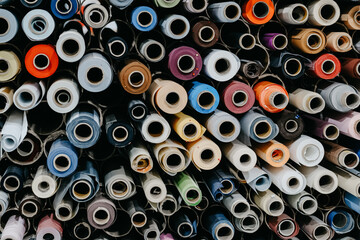 Closeup of rolls of colorful textile and fabric for roller blinds in a factory - Powered by Adobe