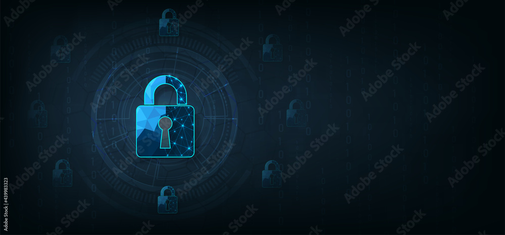 Poster Technology security and Data prevent.Security Padlock lock  icon digital display on dark blue background.Technology for online data access defense against hacker and virus.Internet security concept. 