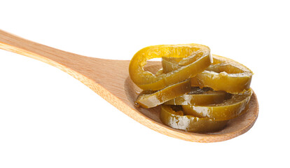Wooden spoon with canned jalapeno on white background, closeup