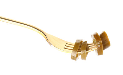 Fork with canned jalapeno on white background, closeup