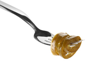 Fork with canned jalapeno on white background, closeup