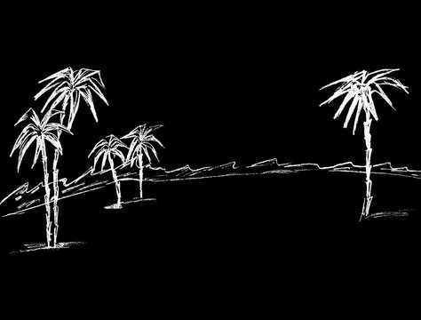 Graphic image of a landscape with palm trees in white on a black background