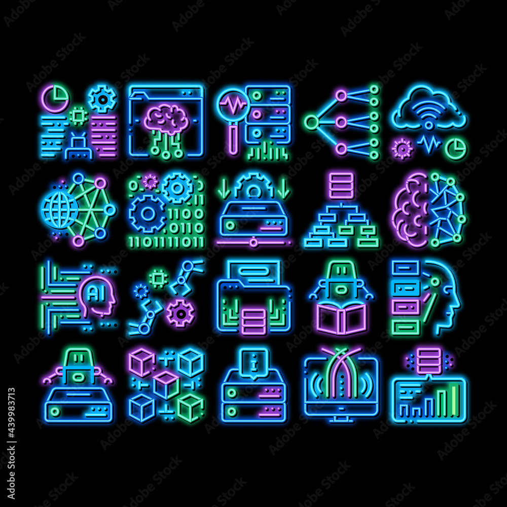Poster machine learning ai neon light sign vector. glowing bright icon artificial intelligence and algorith