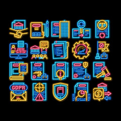 Policies Data Process neon light sign vector. Glowing bright icon Document And Paper, Contract And Strategy, Law And Company, Insurance And Quality Policies Illustrations