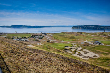 Chambers Bay Golf Course on shores of Puget Sound, Tacoma, Washington. Home of the US Open in 2015.
A municipal course owned by Pierce County - obrazy, fototapety, plakaty