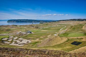 Fototapeta na wymiar Chambers Bay Golf Course on shores of Puget Sound, Tacoma, Washington. Home of the US Open in 2015. A municipal course owned by Pierce County