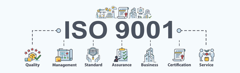 ISO 9001 quality management system banner web icon for business and organization, standard, management, quality, assurance, certificate and service. Minimal vector cartoon infographic.