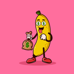 Cute Banana fruit character with money eyes and holding money bag. Fruit character icon concept isolated. Emoji Sticker. flat cartoon style Vector