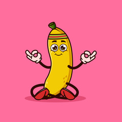 Cute Banana fruit character Meditation. Fruit character icon concept isolated. Emoji Sticker. flat cartoon style Vector