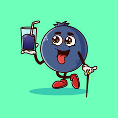 Cute Blueberry fruit character with Blueberry juice on hand. Fruit character icon concept isolated. flat cartoon style Premium Vector