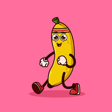 Cute Banana fruit character jogging. Fruit character icon concept isolated. Emoji Sticker. flat cartoon style Vector