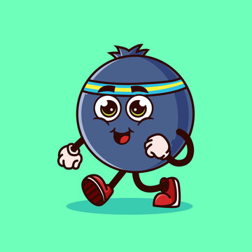 Cute Blueberry fruit character jogging. Fruit character icon concept isolated. Emoji Sticker. flat cartoon style Vector